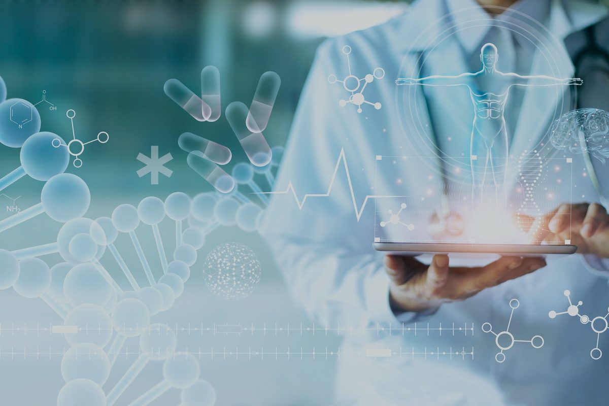 Doctor with a tablet over a DNA visualisation